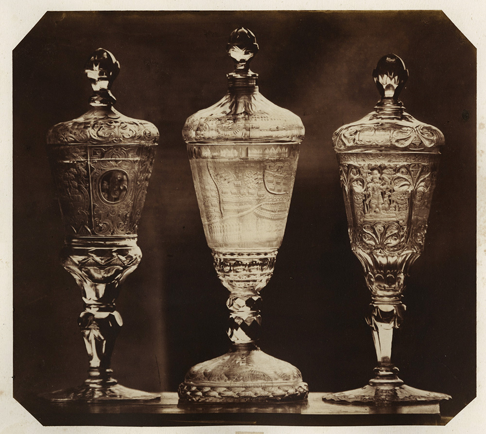 Three Engraved Covered Glass Cups