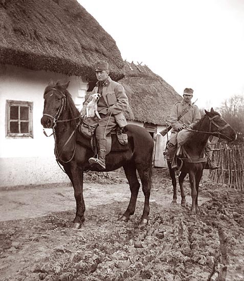 Austrian Soldiers on Horseback Holding Dog, WWI
