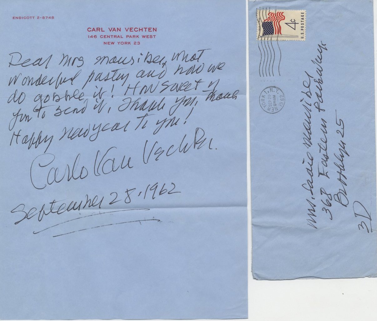Carl Van Vechten - Autographed letter signed by photographer Carl Van Vechten to Mrs. (Saul) Mauriber Carl Van Vechten - Autographed letter signed by photographer Carl Van Vechten to Mrs. (Saul) Mauriber