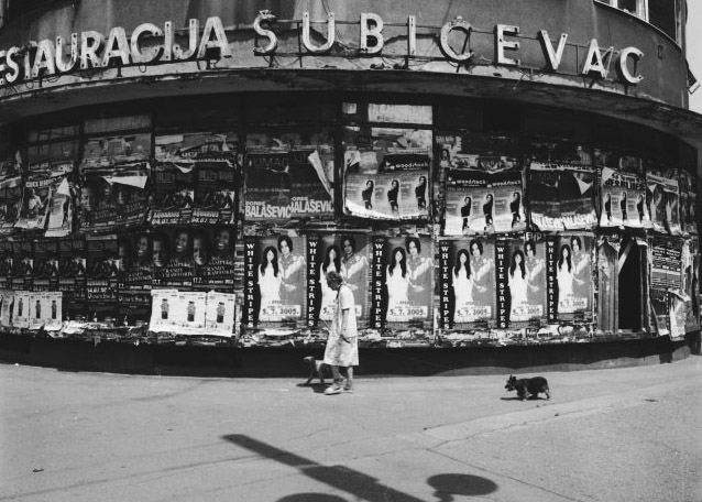 Old Woman and Dogs in Front of Posters