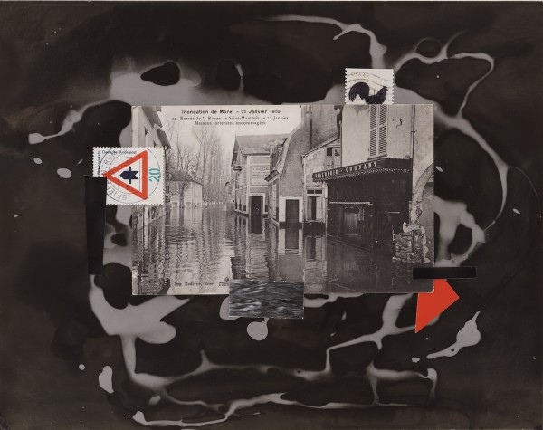 Paula Chamlee: Inundation de Moret. Collage of chemically altered photo paper, antique French postcard, stamps, painted paper, 8 x 10 in. (203 x 254 mm), 2026/2026, on archival board. 16920. Paula Chamlee: Inundation de Moret. Collage of chemically altered photo paper, antique French postcard, stamps, painted paper, 8 x 10 in. (203 x 254 mm), 2026/2026, on archival board. 16920.
